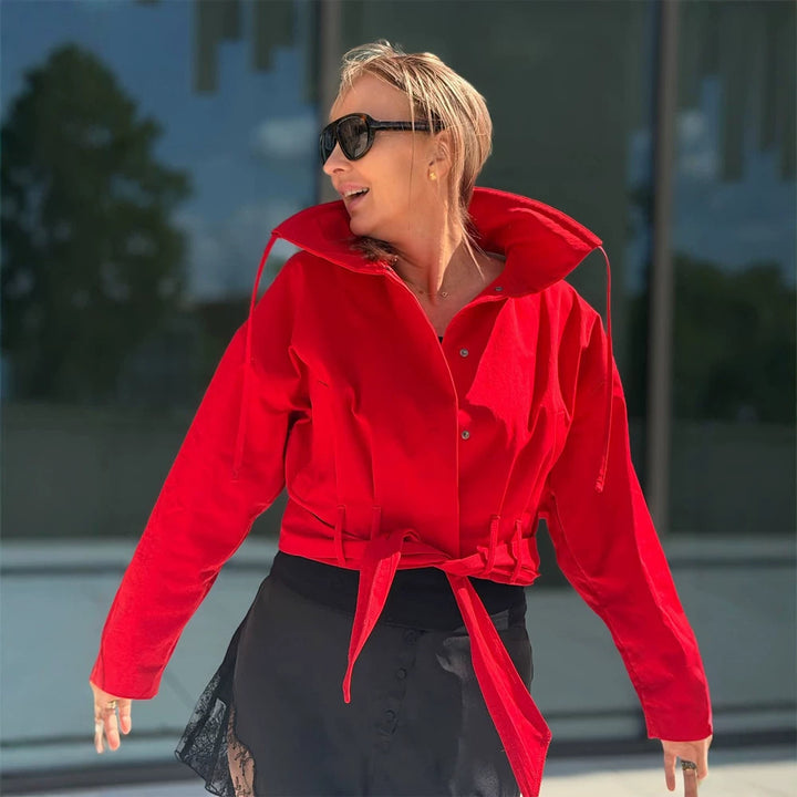 Women's Oversize Short Jacket with Waist Belt and Shirt Collar Mune Fashion