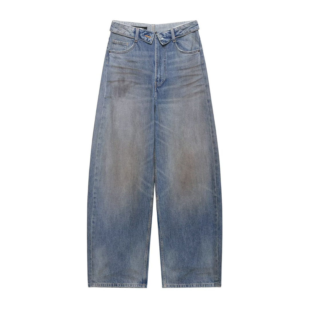 Women's wide high-waist jeans in vintage look with frayed rips Mune Fashion