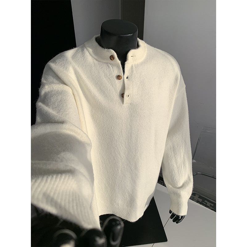 Men's Oversized Knit Sweater with Henley Collar and Half Button Placket Mune Fashion