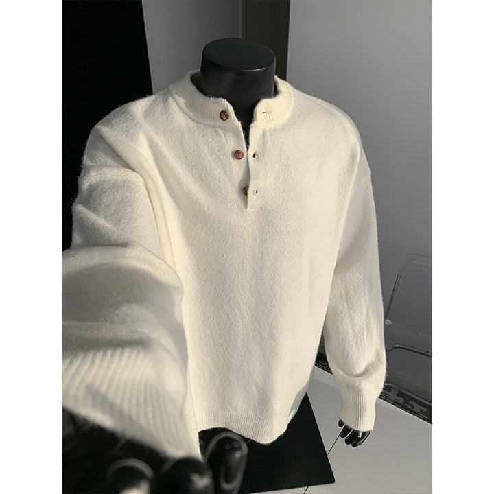Men's Oversized Knit Sweater with Henley Collar and Half Button Placket Mune Fashion