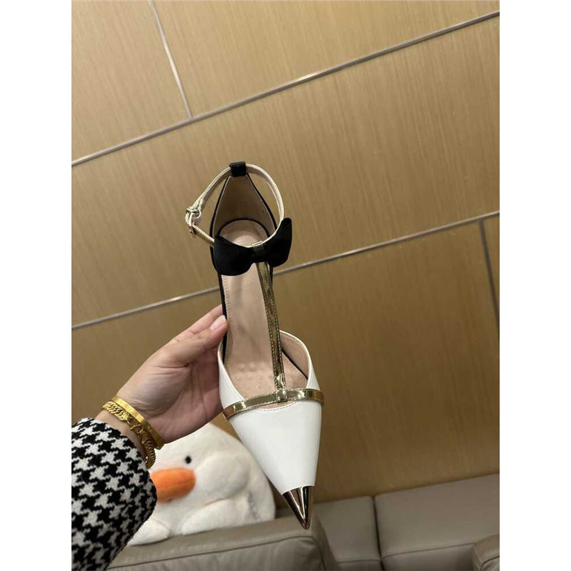 Ladies Elegant Pointed Toe Pumps with Fine Jewel Chain T-Strap Mune Fashion