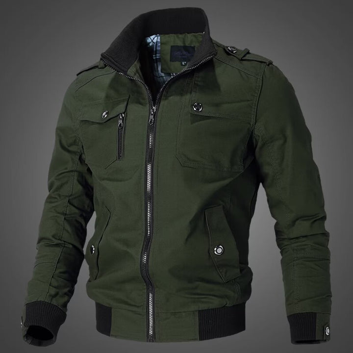 Men's tailored canvas bomber jacket with stand-up collar, zip front, shoulder patches, and functional pockets