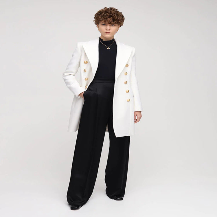 Women Narrow Cut Double-Breasted Wool Blend Long Coat with Distinctive Shoulder and Golden Decorative Round Buttons Mune Fashion