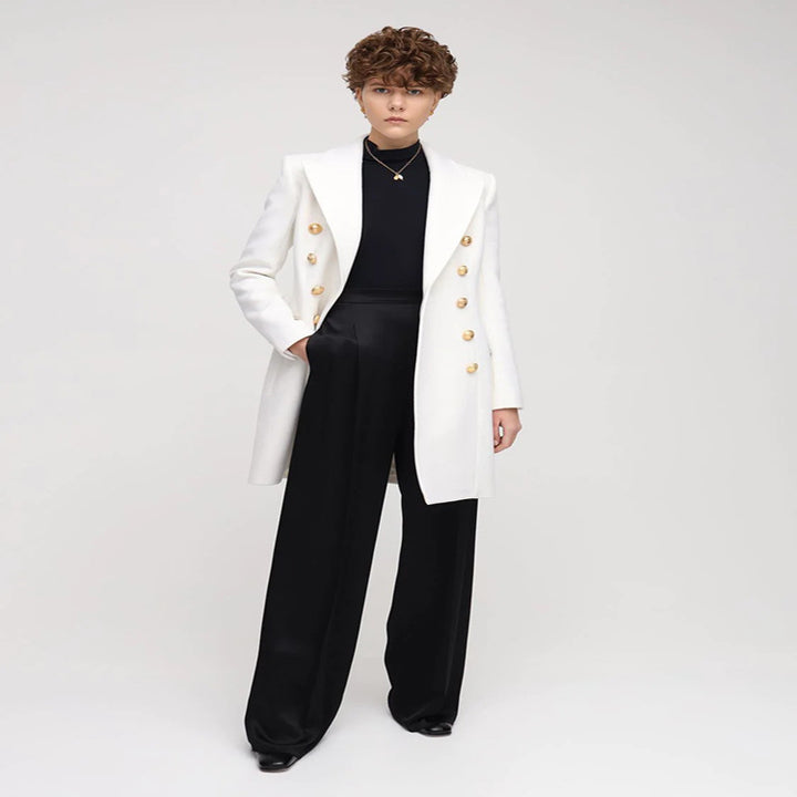 Women Narrow Cut Double-Breasted Wool Blend Long Coat with Distinctive Shoulder and Golden Decorative Round Buttons Mune Fashion