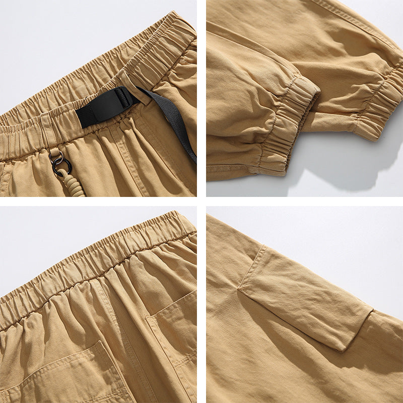 Men's Loose Canvas Cargo Jogging Pants in Utility Style with Elastic Waistband, Integrated Woven Belt and Cuffs