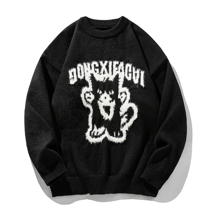 Unisex Oversize Knit Sweater with Three-Dimensional Fluffy Cat Motif and Ribbed Hem Mune Fashion