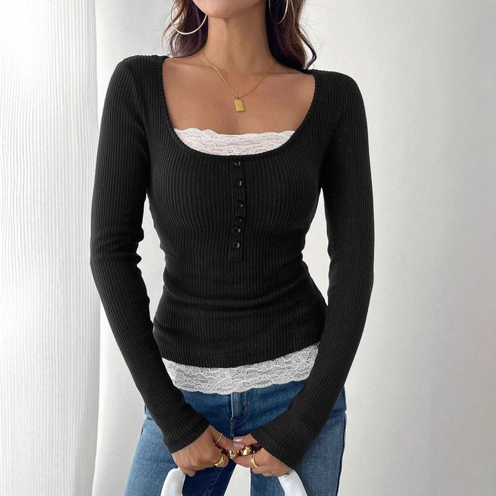 Women Fitted Ribbed Knit Top with U-Neck and Button Placket Mune Fashion
