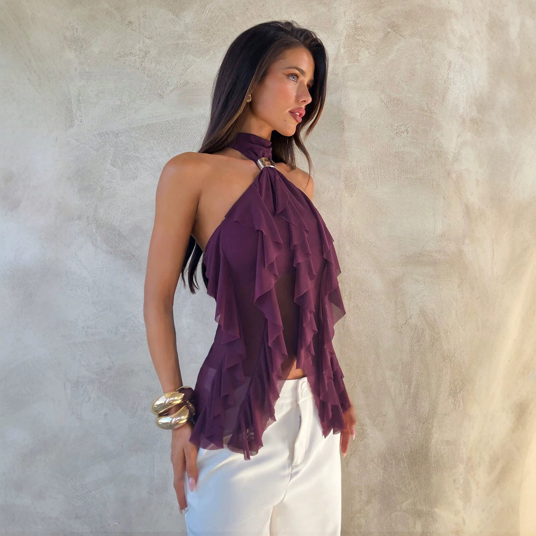 Women's Chiffon Halter Top with Decorative Metal Ring and Layered Ruffles Mune Fashion