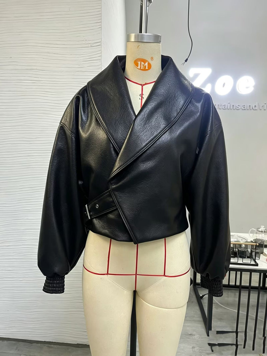 Women Faux Leather Bomber Jacket with High Stand Collar, Asymmetrical Closure and Elastic Hem Mune Fashion