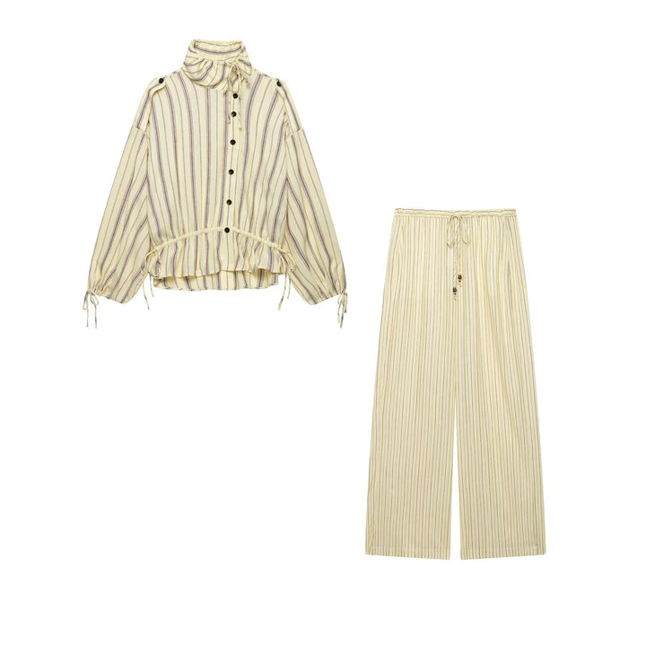 Women two-piece striped set of blouse with stand-up collar and wide palazzo pants Drune