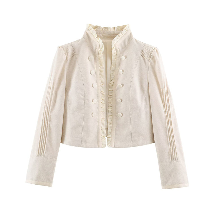 Women Cropped Jacket with tailored silhouette, stand-up collar and ruffle trim Drune
