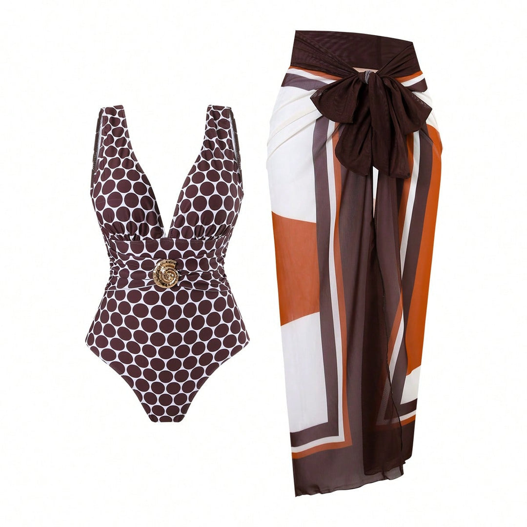 Women's swimsuit with feminine wrap skirt and elegant jewelry detail Mune Fashion