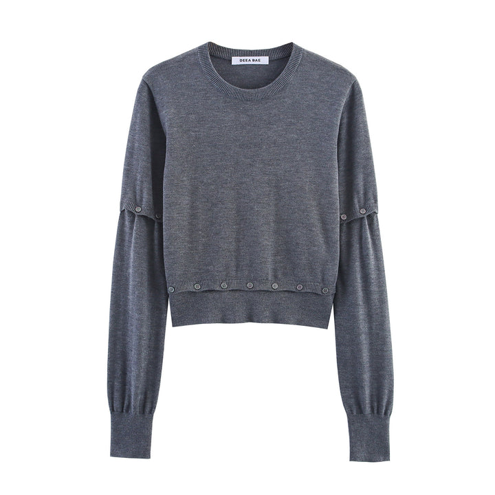 Women's Short Fine Knit Sweater with Balloon Sleeves and Decorative Button Waist Mune Fashion
