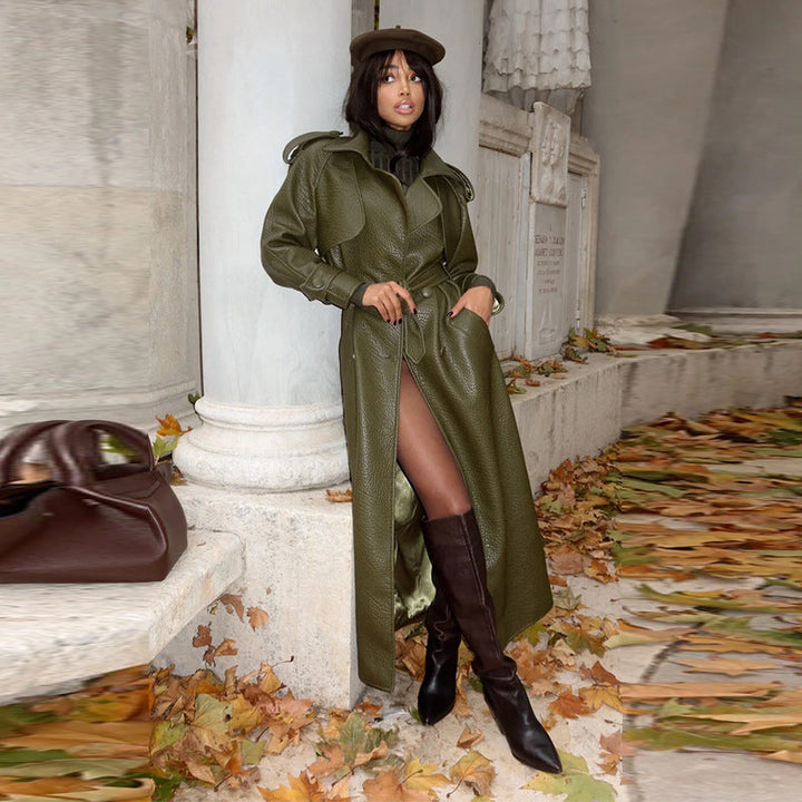 Women's Faux Leather Trench Coat with Top and Waist Belt Mune
