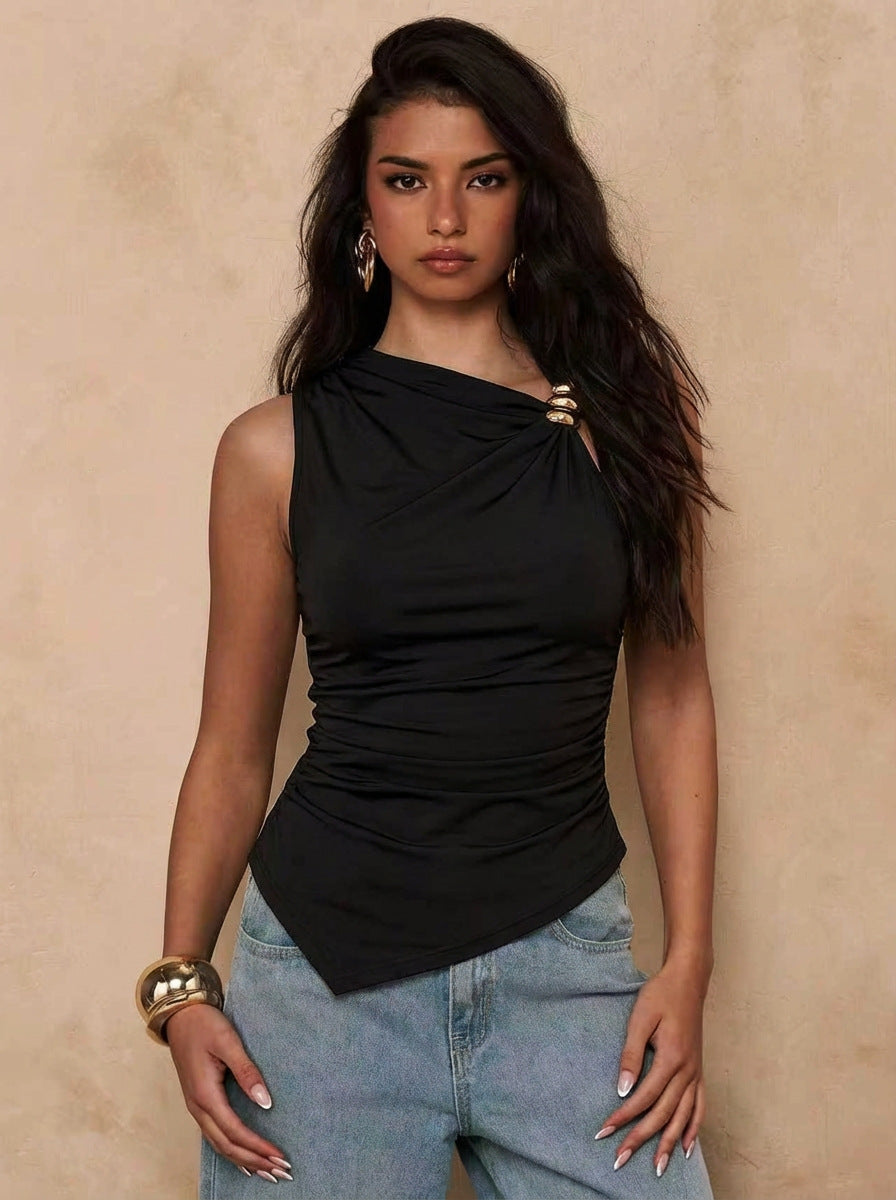 Women's asymmetrical one-shoulder top with decorative rings, tailored gathering, and pointed hem Mune Fashion