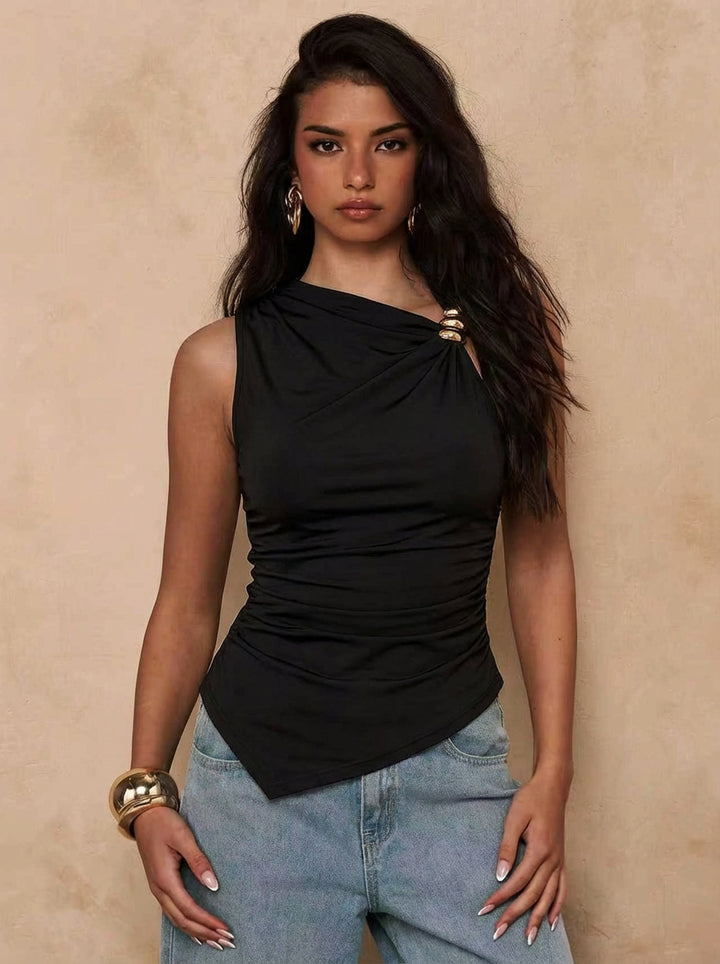 Women's asymmetrical one-shoulder top with decorative rings, tailored gathering, and pointed hem Mune Fashion