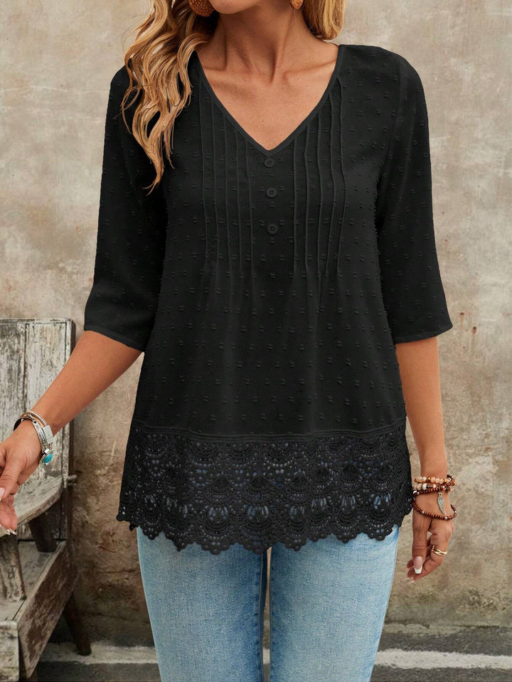 Women Tunic Blouse with Lace Trim and Structured Pintucks Mune Fashion