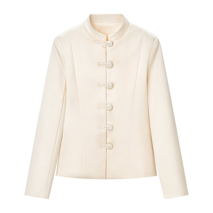 Women's Tailored Jacket with Mandarin Collar and Decorative Fabric Knot Mune Fashion