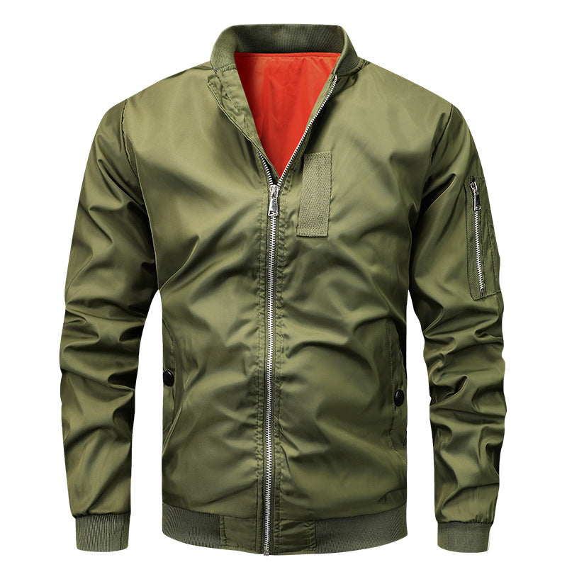 Men's classic pilot bomber jacket with contrasting inner lining, sleeve zippered pocket, and elastic cuffs.