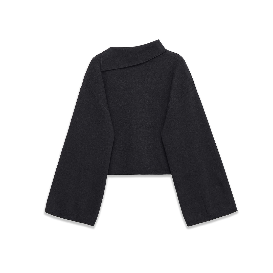 Women's oversized short cut sweater with asymmetrical high collar and wide kimono sleeves Mune Fashion
