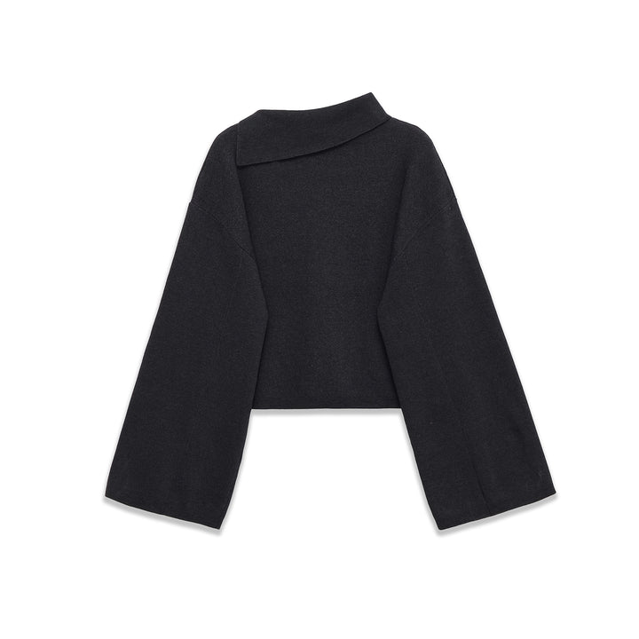 Women's oversized short cut sweater with asymmetrical high collar and wide kimono sleeves Mune Fashion