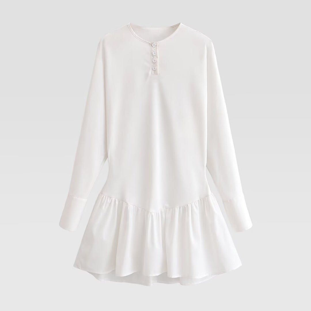 Women Loose Long Sleeve Tunic Dress with Henley Button Placket and Tiered Skirt Mune Fashion