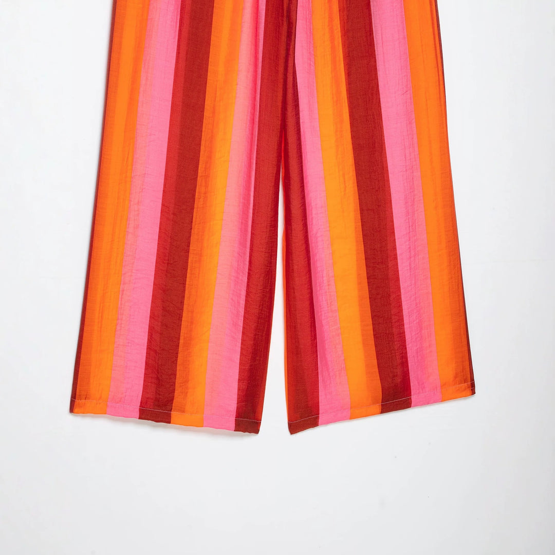 Women's Wide Culotte Pants with Drawstring Waist and Vertical Stripes Mune Fashion