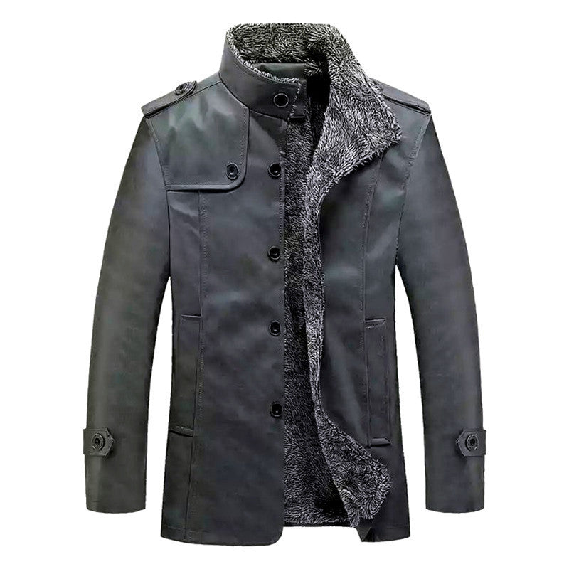Men's Textured Faux Leather Midlayer Jacket with Teddy Fleece Lining, Stand Collar and Shoulder Patches Mune Fashion