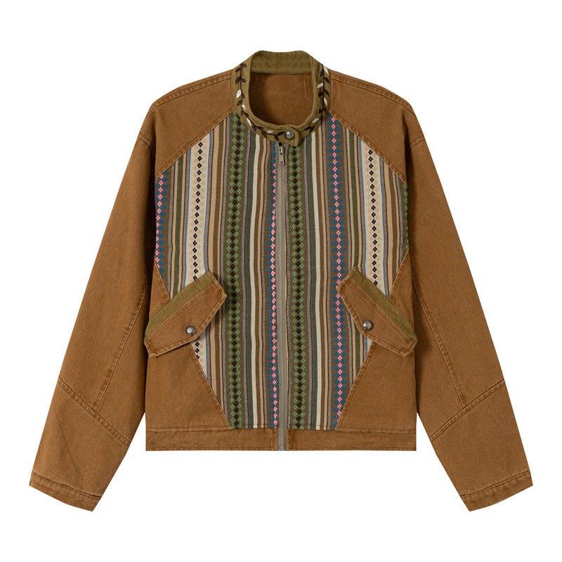 Women's Short Canvas Blouson with Woven Ethno Striped Front and Flap Pockets Mune Fashion