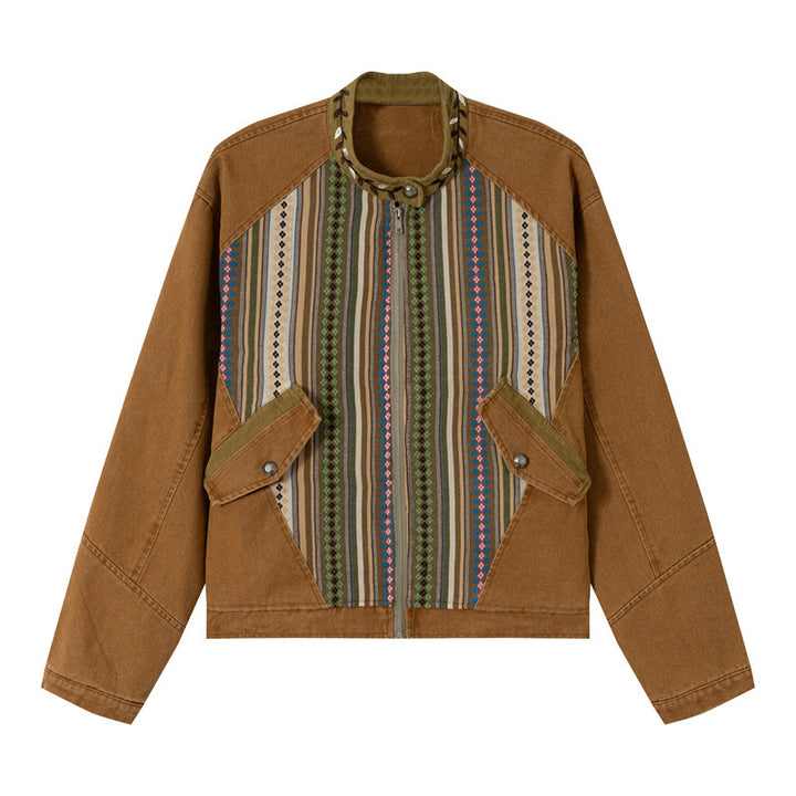 Women's Short Canvas Blouson with Woven Ethno Striped Front and Flap Pockets Mune Fashion