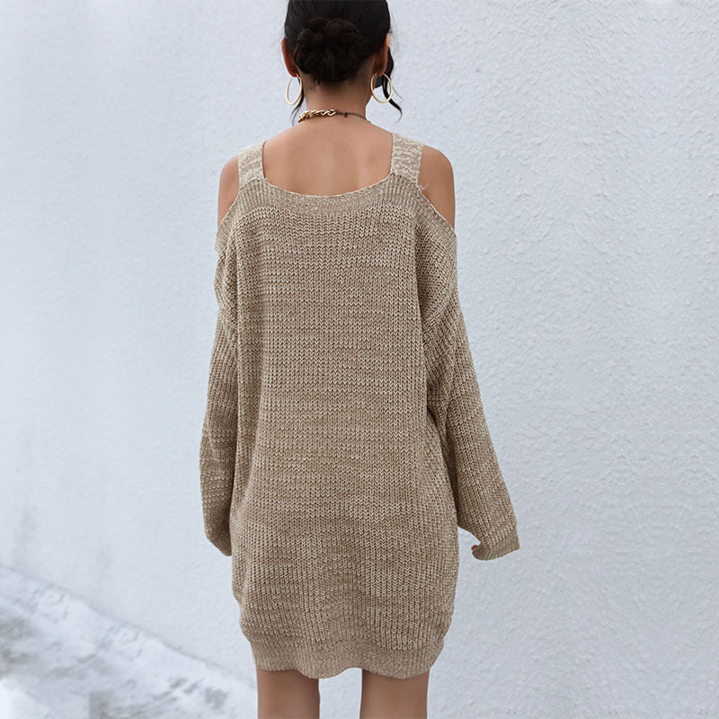 Women's Knitted Cold-Shoulder Mini Dress with Oversized Sleeves and Ribbed Hem Mune Fashion