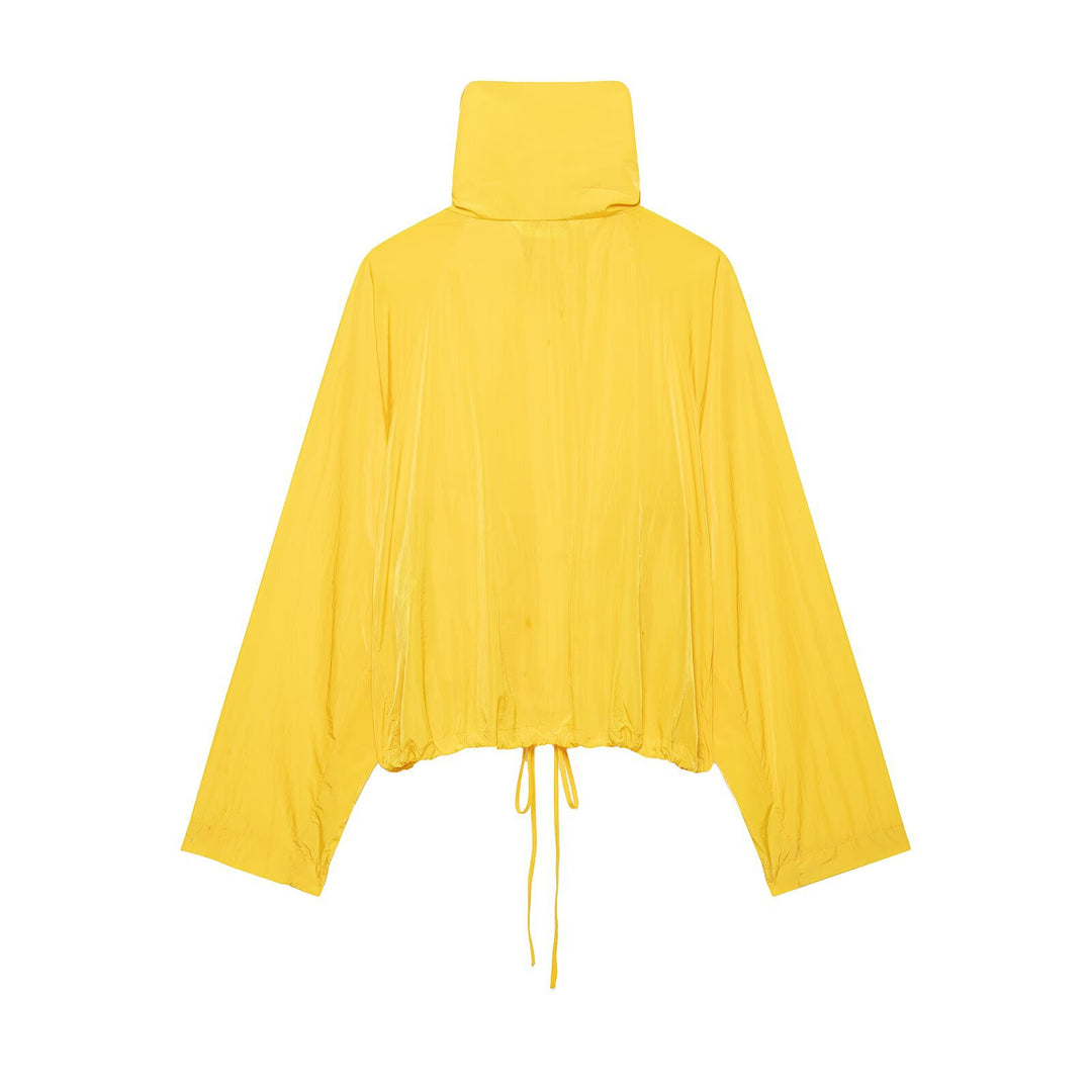 Women's lightweight cropped windbreaker with high stand-up collar and drawstring.