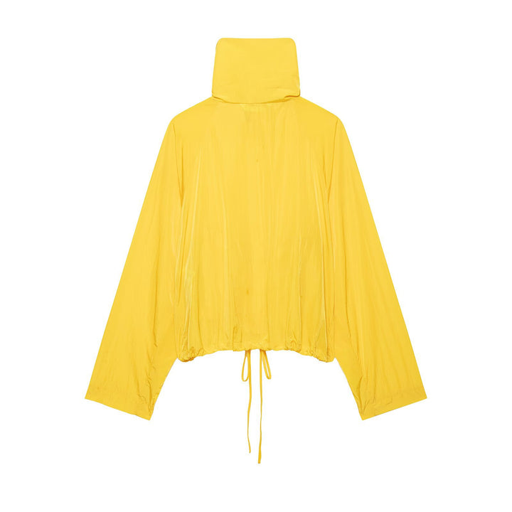 Women's lightweight cropped windbreaker with high stand-up collar and drawstring.