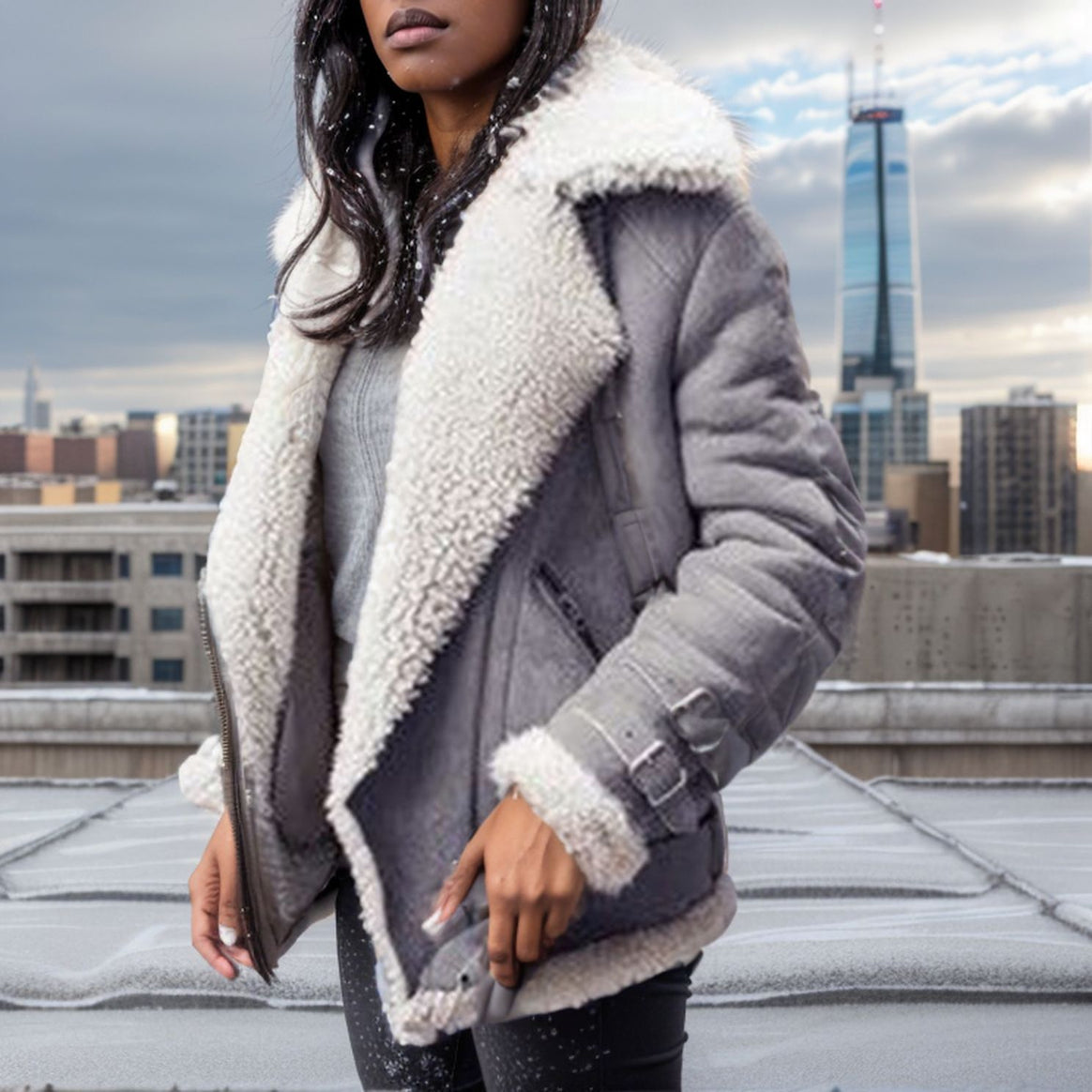 Women Short Bomber Jacket with Teddy Lining, Soft Lamb Fur Collar and Zipper Mune Fashion