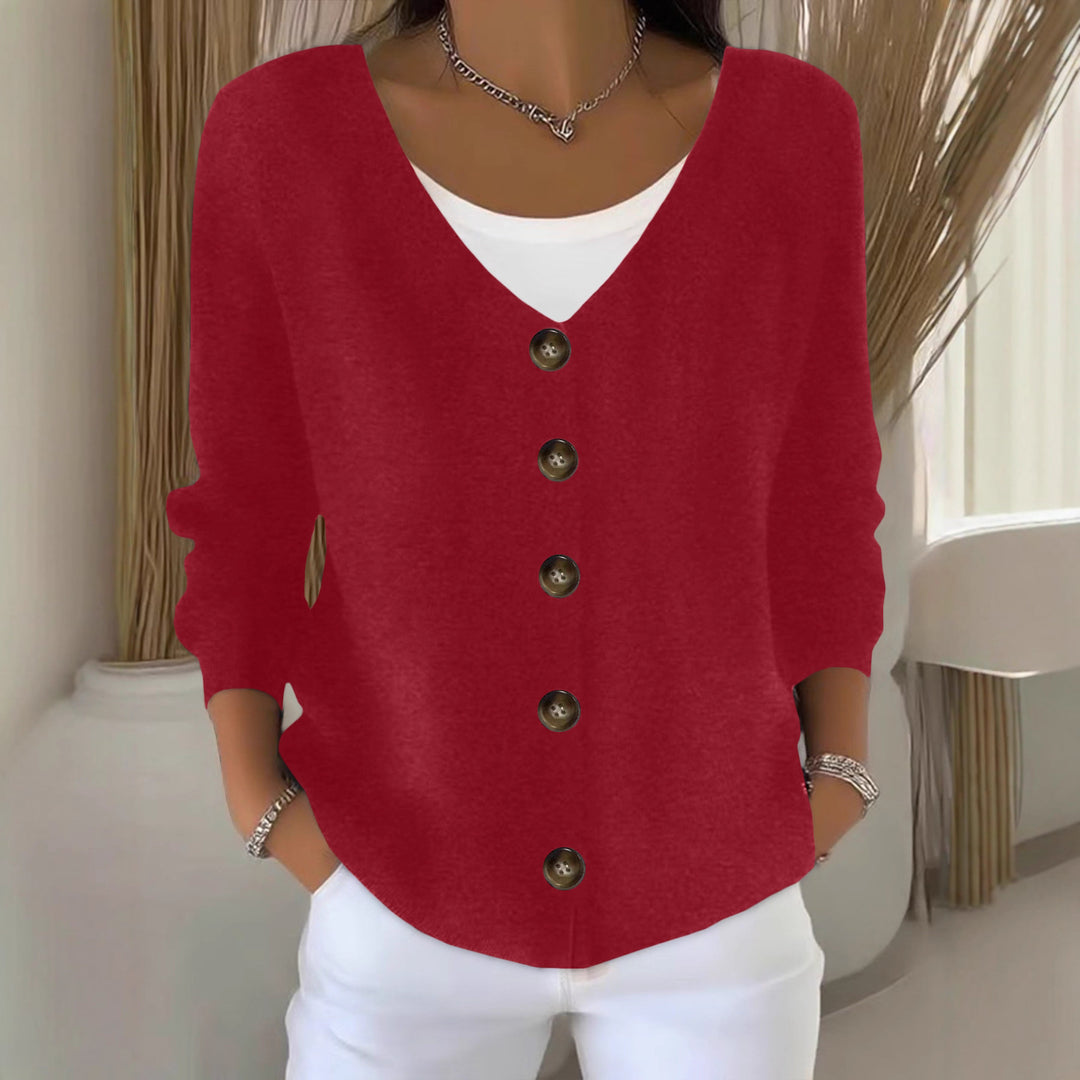Women Loose V-Neck Fine Knit Cardigan with Wooden Button Placket Mune Fashion