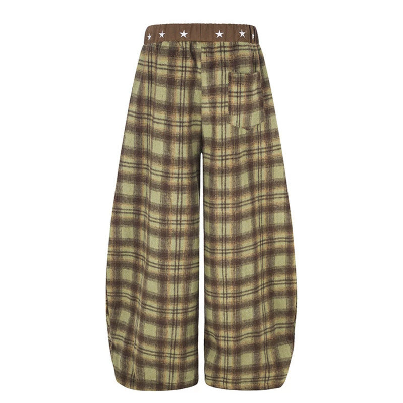 Women's Extra Wide Checked Palazzo Lounge Pants made of soft fleece with star-embellished comfort waistband, drawstring and adjustable hem.