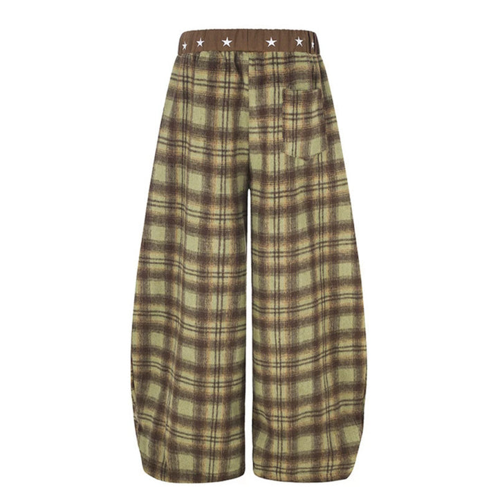Women's Extra Wide Checked Palazzo Lounge Pants made of soft fleece with star-embellished comfort waistband, drawstring and adjustable hem.