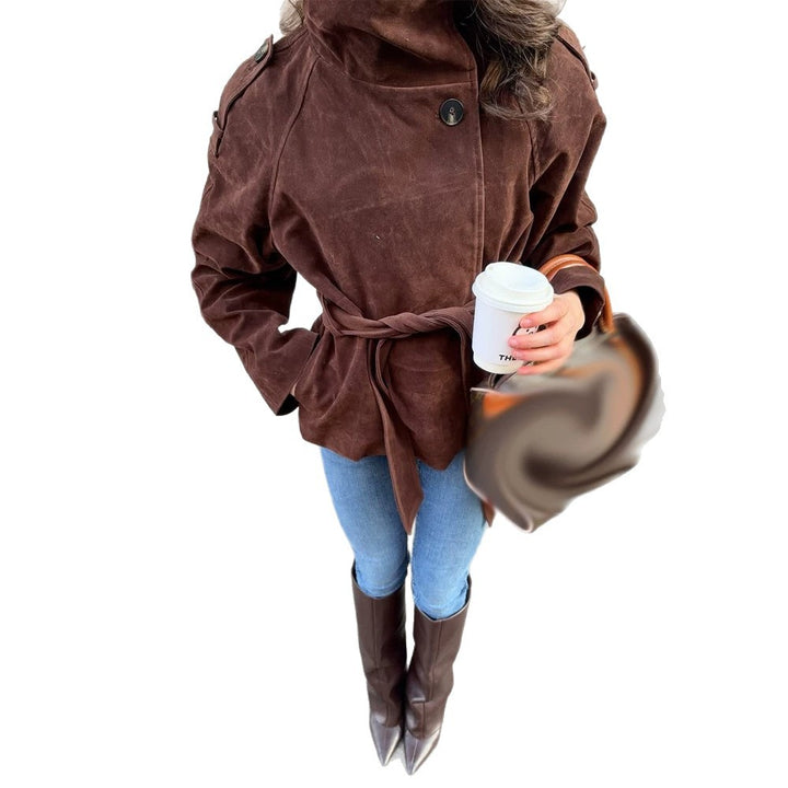 Women's short jacket made of suede with a high stand-up collar and tie belt Mune Fashion