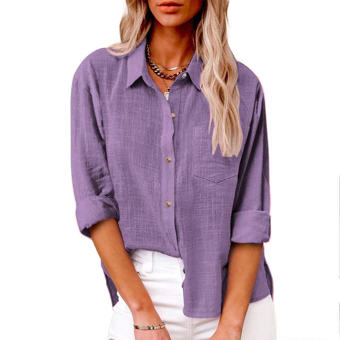 Women's oversized linen-cotton blend shirt blouse with breast pocket and roll-up sleeves Mune Fashion