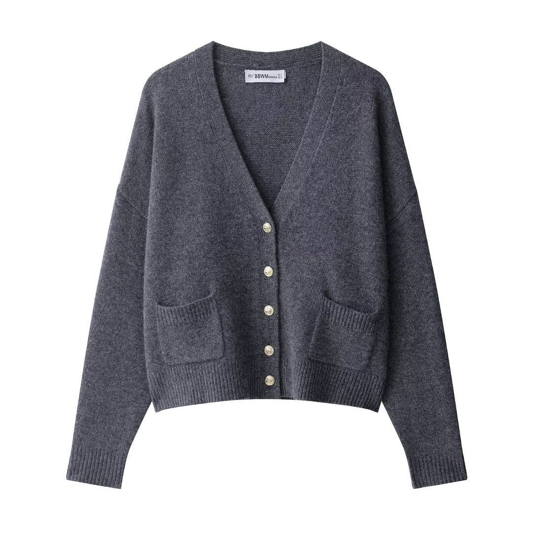 Women's Plus Size Wool Blend Cardigan with V-Neck, Gold Decorative Buttons and Flap Pockets Mune Fashion