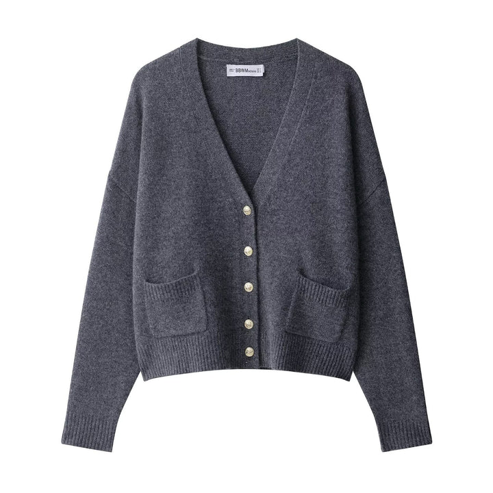 Women's Plus Size Wool Blend Cardigan with V-Neck, Gold Decorative Buttons and Flap Pockets Mune Fashion