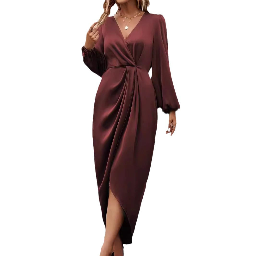 Women's tailored draped midi dress with V-neck, gathering, balloon sleeves, and side wrap slit Mune Fashion