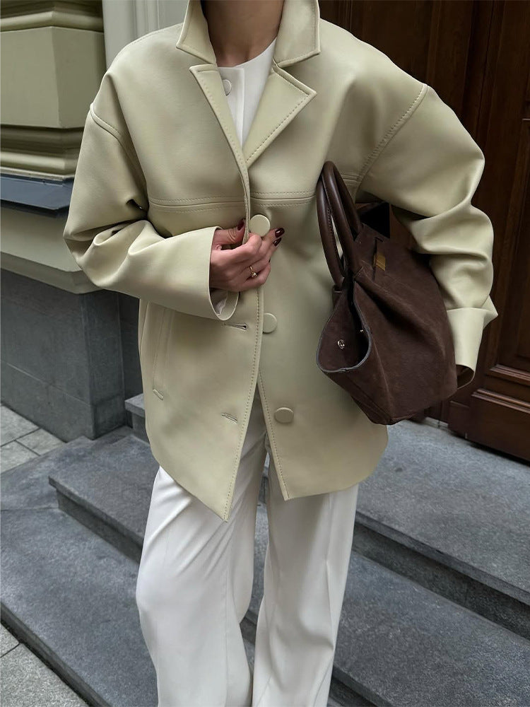 Women Boxy Oversized Blazer Jacket made of vegan leather imitation with dropped shoulder Mune Fashion
