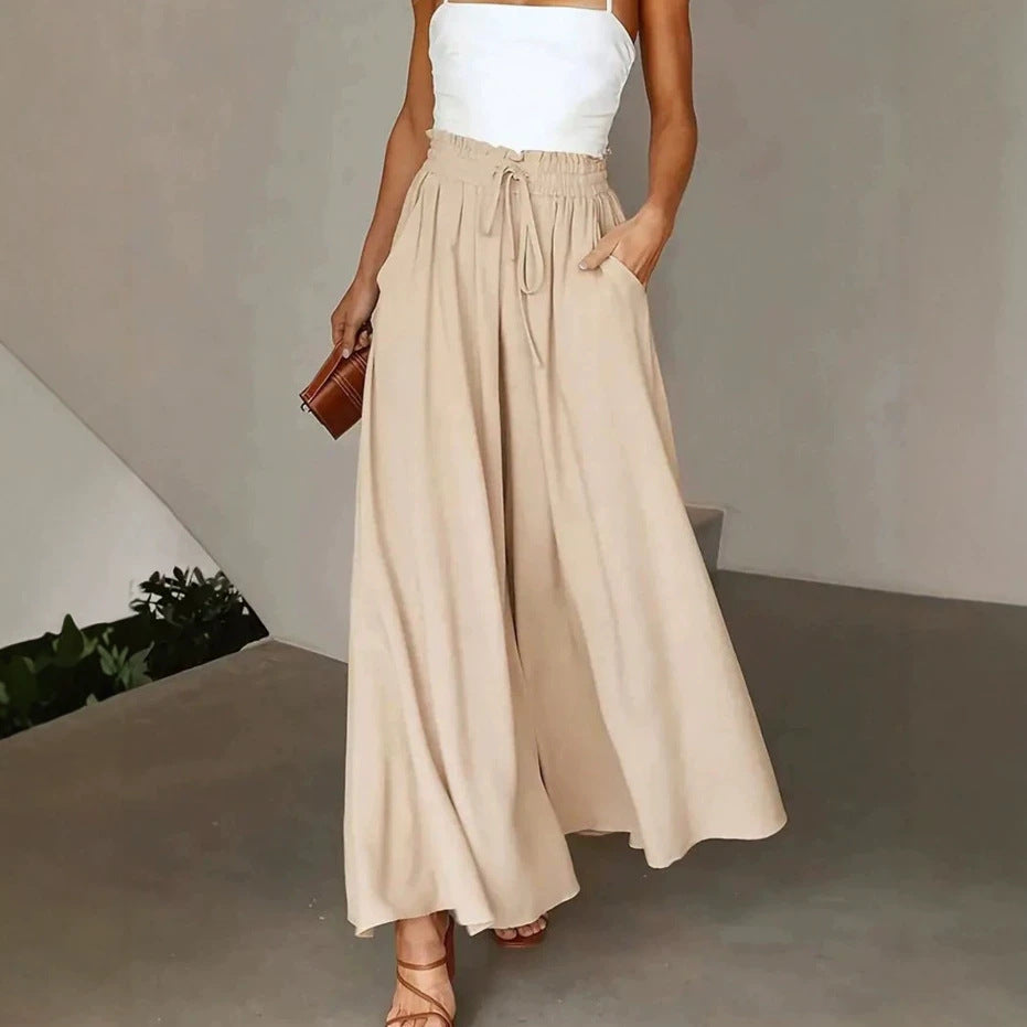 Women's Wide Maxipalazzo Pants with Paperbag Waist, Drawstring and Side Pockets Drune