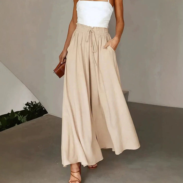Women's Wide Maxipalazzo Pants with Paperbag Waist, Drawstring and Side Pockets Drune