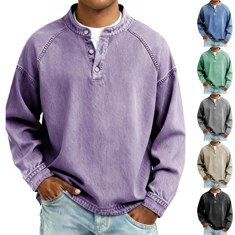 Men's Long Sleeve Henley Sweatshirt with Stand-Up Collar and Vintage Denim Effect Mune Fashion