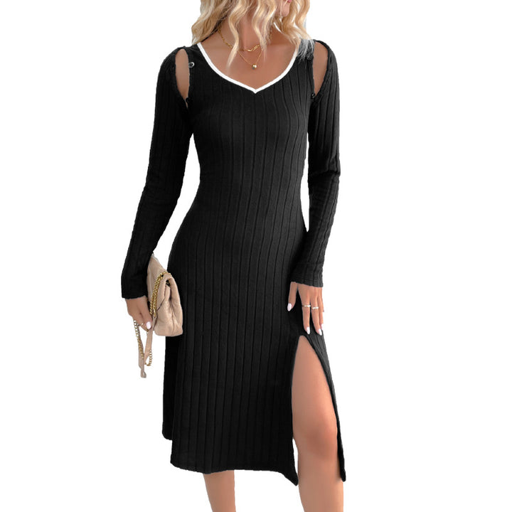Women's Ribbed Knit Midi Dress with V-Neck, Body-Hugging Silhouette and Side Split Mune Fashion
