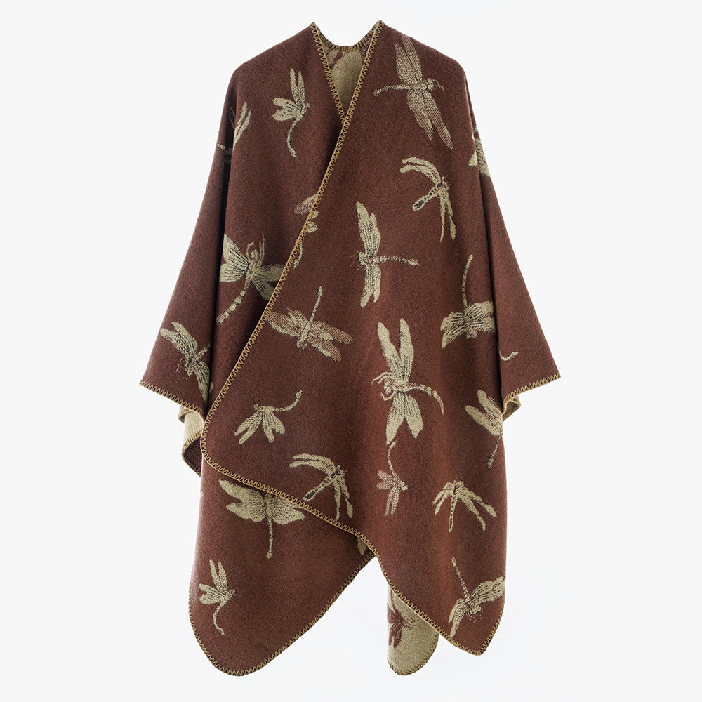 Women's Wool Blend Poncho with Dragonfly Jacquard and Open Waterfall Cut Mune Fashion