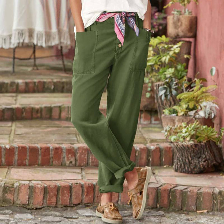 Women's linen-cotton lounge pants with wide cut, high waistband, and patch pockets Mune Fashion