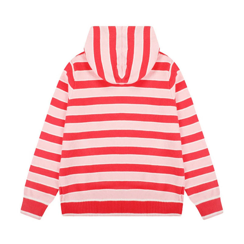 Women's hooded cardigan with full zip, striped texture, and Mune Fashion embroidery detail